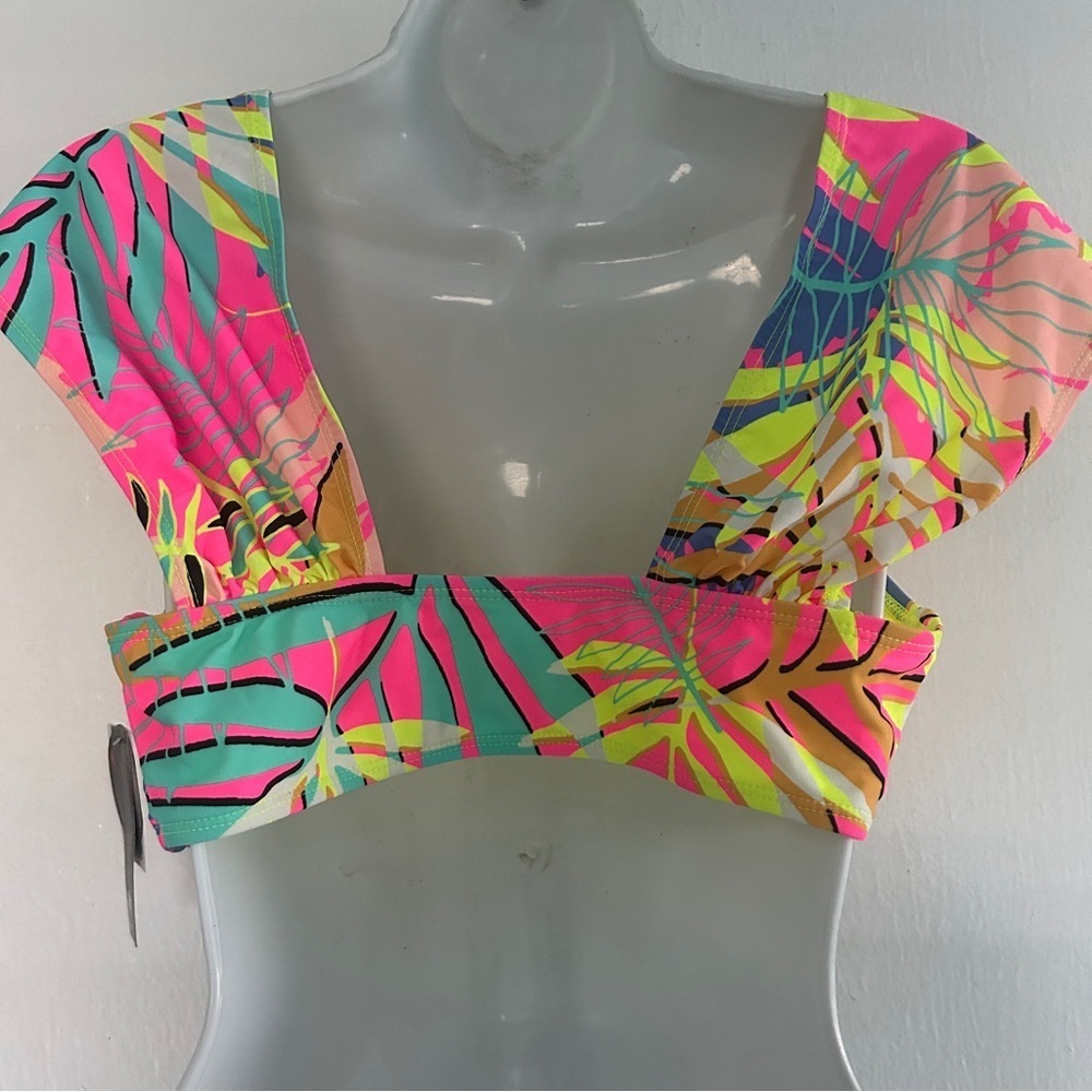 NWT No Boundaries Women Tropical Print Swimsuit Bikini Top L Acid Pink Yellow* - Picture 5 of 6